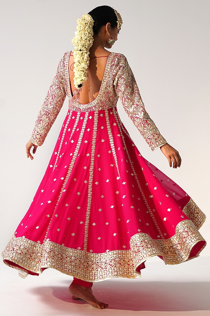Pink Georgette Gota Work Kalidar Wedding Anarkali Set by Desho couture at Pernia's Pop Up Shop