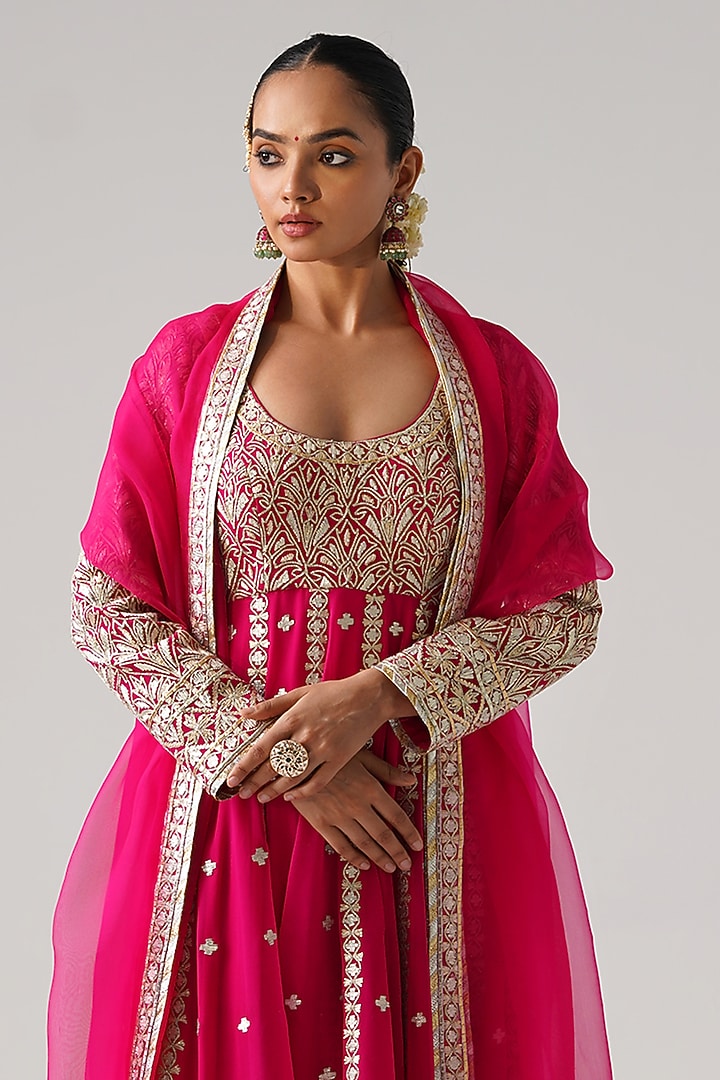 Pink Georgette Gota Work Kalidar Wedding Anarkali Set by Desho couture at Pernia's Pop Up Shop