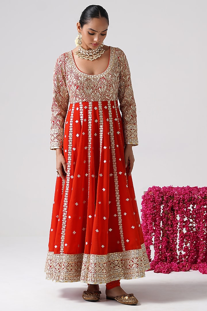 Orange Georgette Gota Work Kalidar Wedding Anarkali Set by Desho couture at Pernia's Pop Up Shop