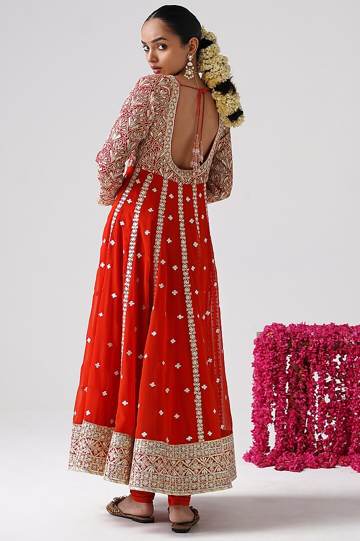 Orange Georgette Gota Work Kalidar Wedding Anarkali Set by Desho couture at Pernia's Pop Up Shop