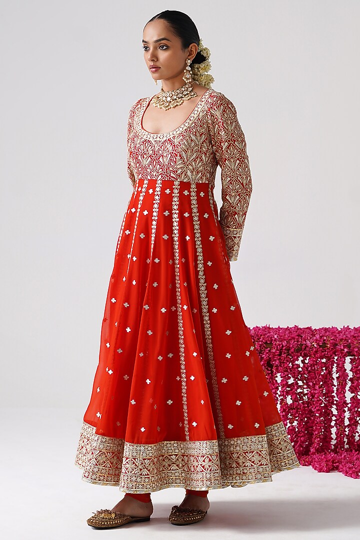 Orange Georgette Gota Work Kalidar Wedding Anarkali Set by Desho couture at Pernia's Pop Up Shop