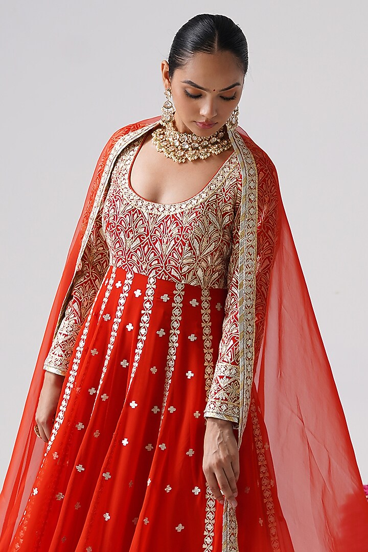 Orange Georgette Gota Work Kalidar Wedding Anarkali Set by Desho couture at Pernia's Pop Up Shop