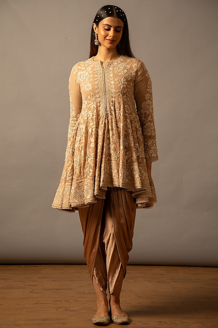 Beige Georgette Resham Embroidered Kalidar Anarkali Set by Desho couture