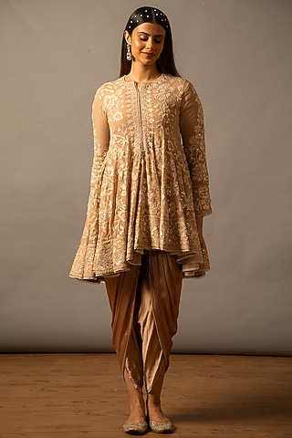 Beige Georgette Resham Embroidered Kalidar Anarkali Set by Desho couture