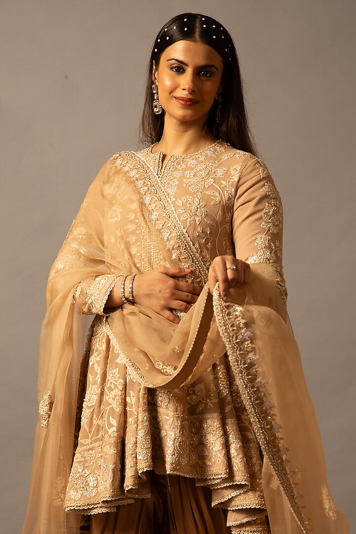 Beige Georgette Resham Embroidered Kalidar Wedding Anarkali Set by Desho couture at Pernia's Pop Up Shop