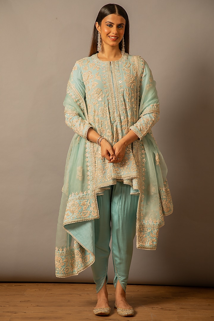 Powder Blue Georgette Resham Embroidered Kalidar Anarkali Set by Desho couture