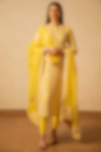 Lime Yellow Georgette Resham Embroidered Kurta Set by Desho couture