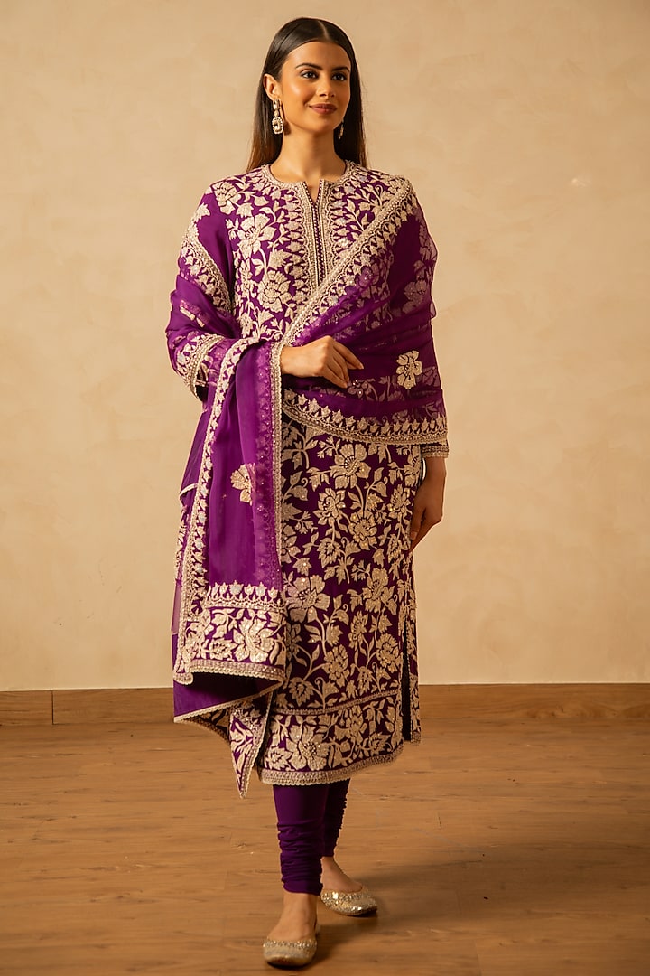 Purple Georgette Resham Embroidered Kurta Set by Desho couture