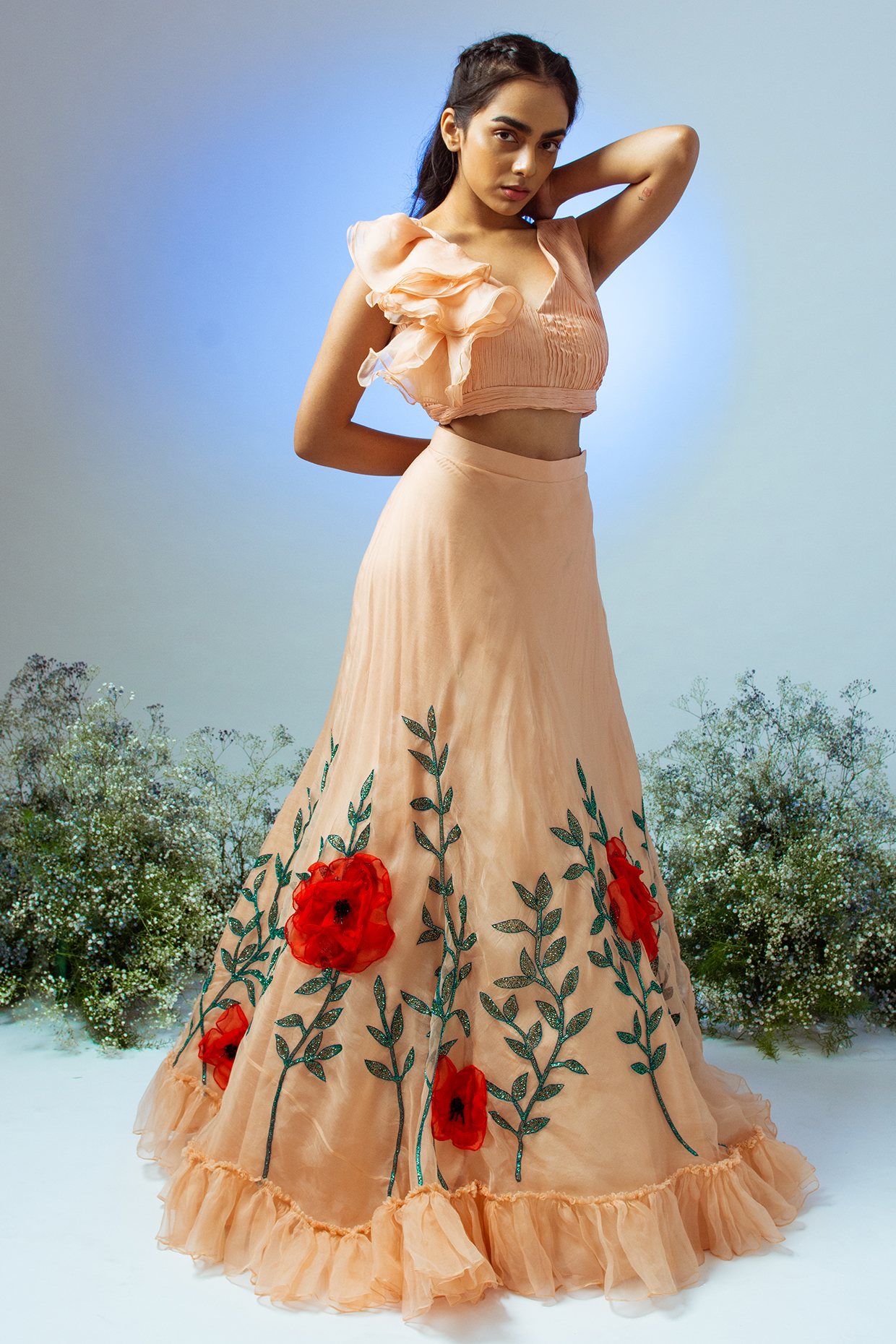 Peach Aari Embroidered Wedding Lehenga Set by Desi Vastra at Pernia's Pop Up Shop