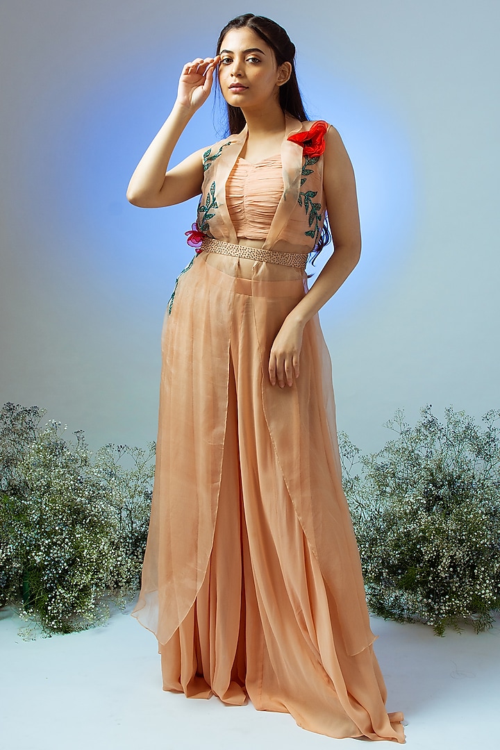 Peach Chiffon Embroidered Jacket Set by Desi Vastra at Pernia's Pop Up Shop