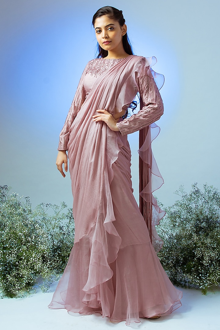 Mauve Chiffon Pre-Draped Saree Set by Desi Vastra