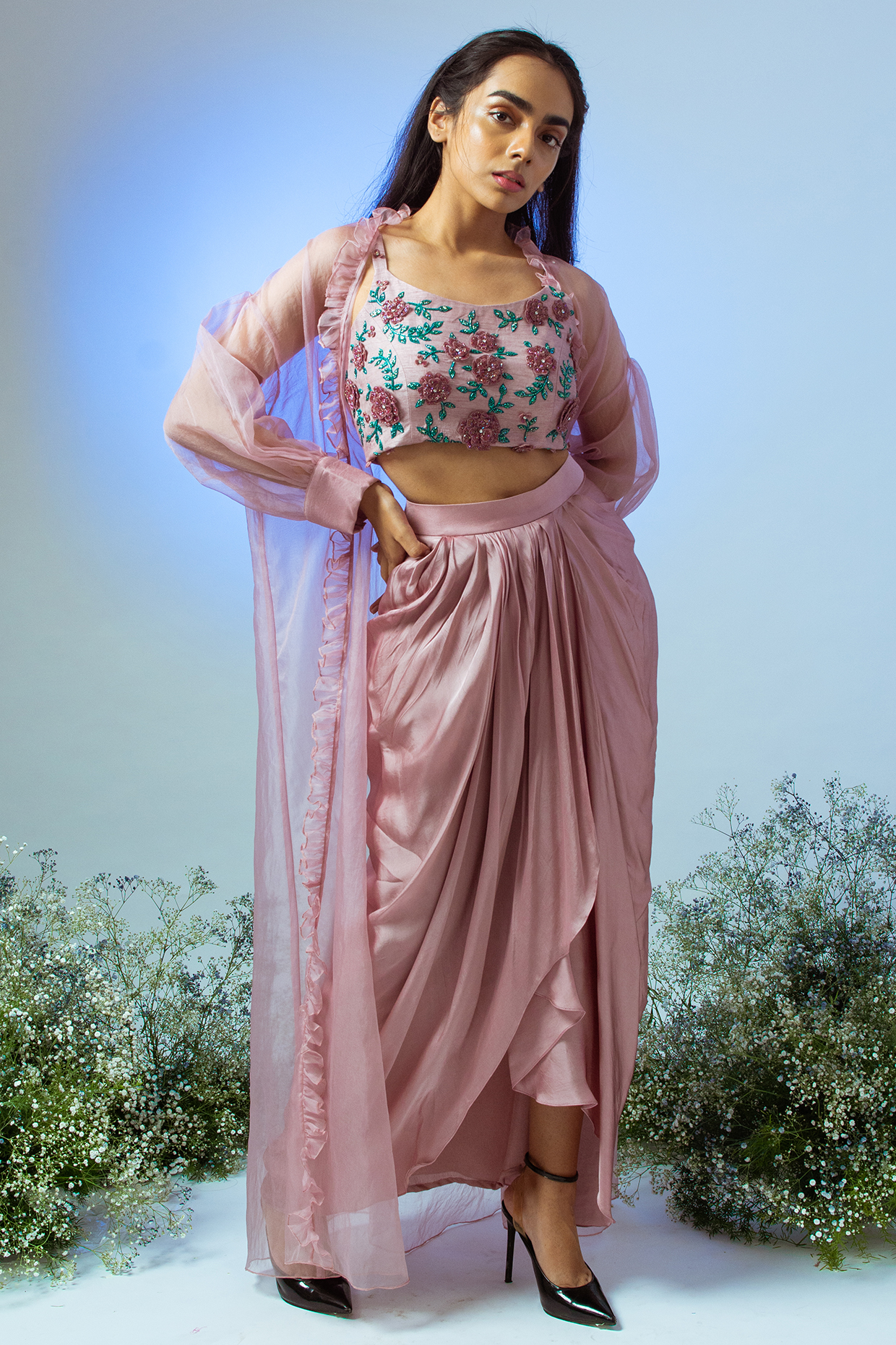 Mauve Raw Silk Draped Skirt Set by Desi Vastra at Pernia's Pop Up Shop