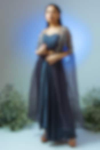 Teal Blue Chiffon Draped Skirt Set by Desi Vastra at Pernia's Pop Up Shop