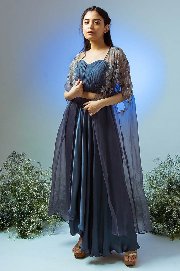 Teal Blue Chiffon Draped Skirt Set by Desi Vastra at Pernia's Pop Up Shop