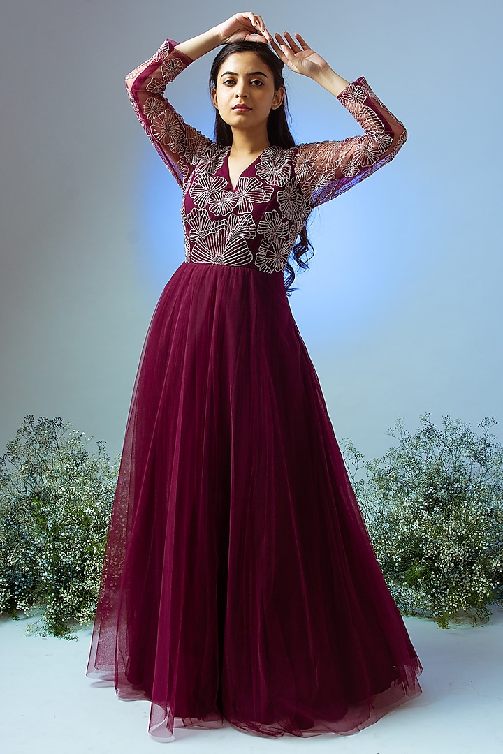 Wine Net & Tulle Gown by Desi Vastra