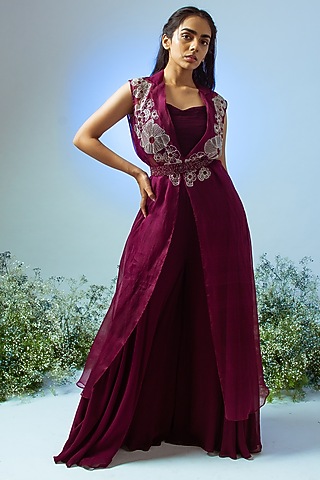 Wine Chiffon Jacket Set by Desi Vastra