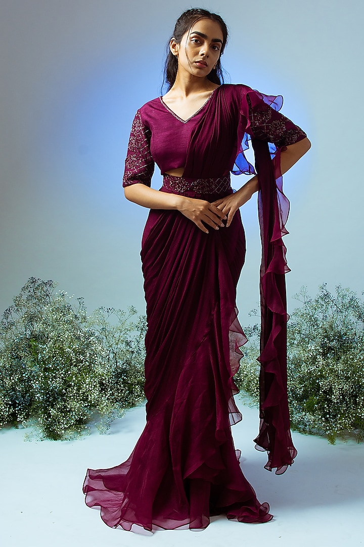 Wine Chiffon Pre-Draped Ruffled Saree Set by Desi Vastra at Pernia's Pop Up Shop