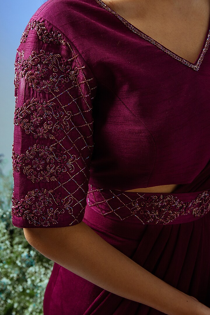 Wine Chiffon Pre-Draped Ruffled Wedding Saree Set by Desi Vastra at Pernia's Pop Up Shop