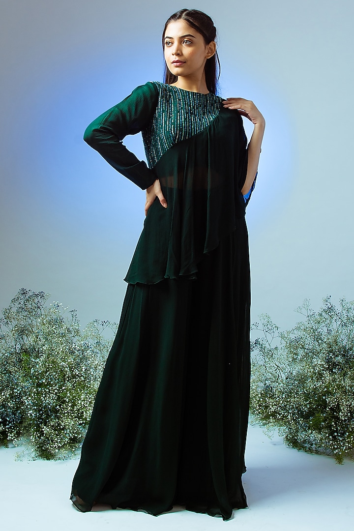 Emerald Green Georgette Pant Set by Desi Vastra