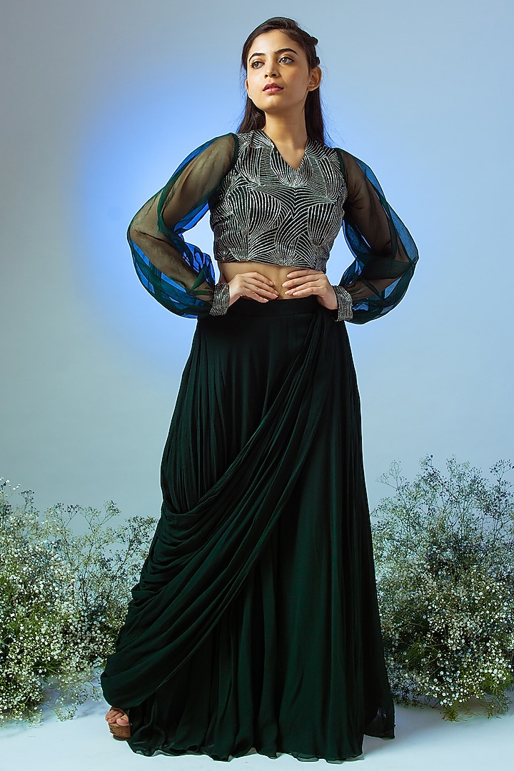Emerald Green Raw Silk Skirt Set by Desi Vastra