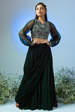 Emerald Green Raw Silk Skirt Set by Desi Vastra