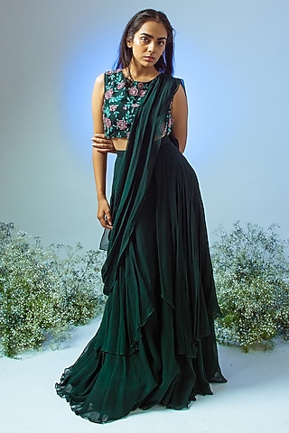 Emerald Green Geoegette Saree Set by Desi Vastra