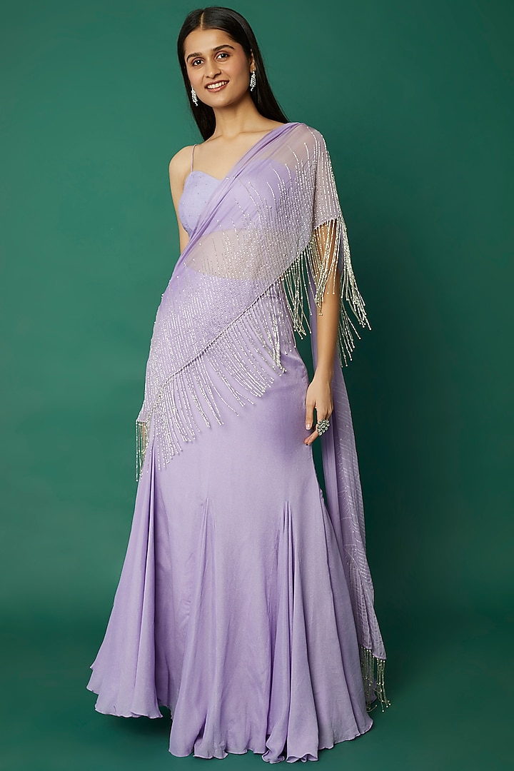 Lilac Crepe Embroidered Draped Saree by Desi Vastra