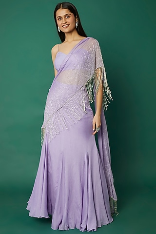 Lilac Crepe Embroidered Draped Saree by Desi Vastra
