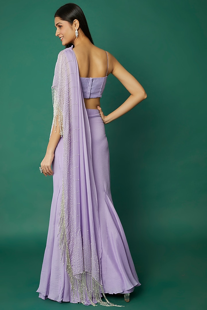 Lilac Crepe Embroidered Draped Wedding Saree by Desi Vastra at Pernia's Pop Up Shop