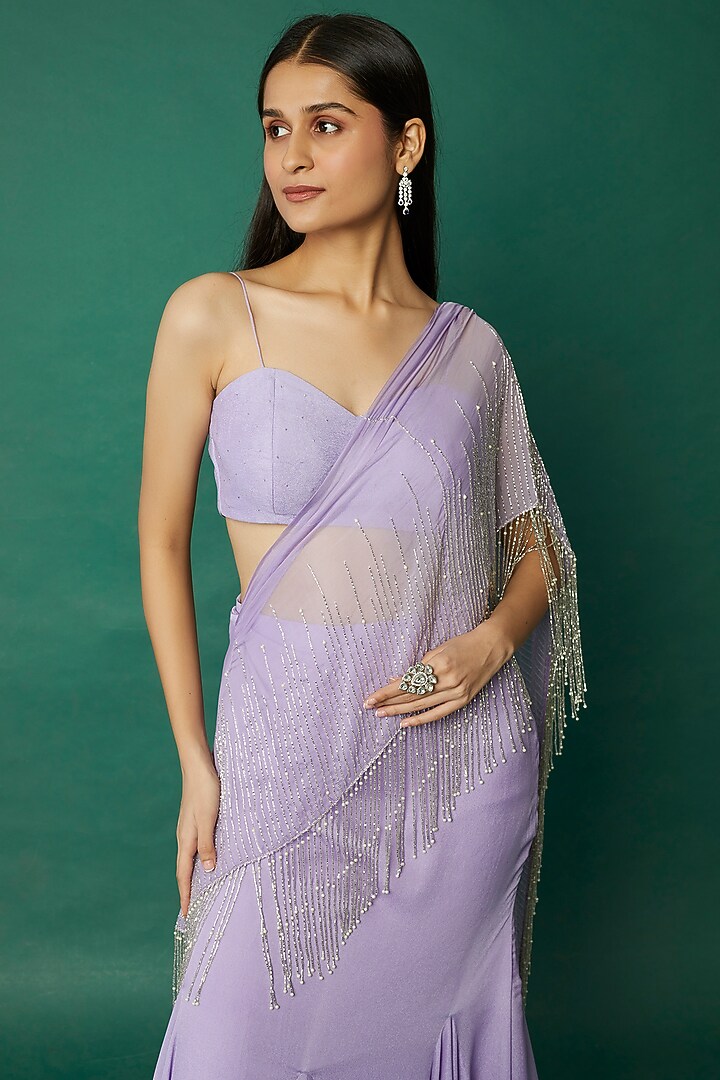 Lilac Crepe Embroidered Draped Wedding Saree by Desi Vastra at Pernia's Pop Up Shop