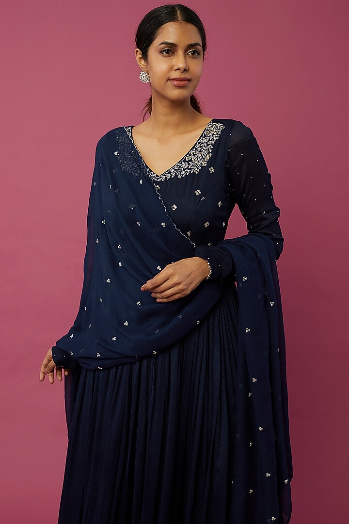 Blue Embroidered Party Wear Anarkali Set by Desi Vastra at Pernia's Pop Up Shop