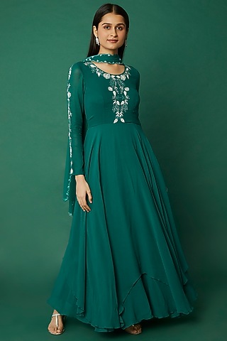 Green Crepe Embroidered Anarkali Set by Desi Vastra