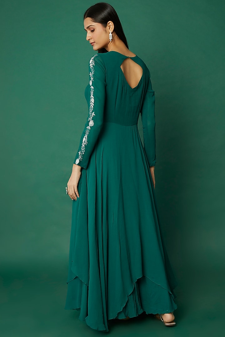 Green Crepe Embroidered Party Wear Anarkali Set by Desi Vastra at Pernia's Pop Up Shop