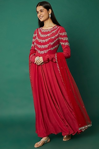 Red Crepe Embroidered Anarkali Set by Desi Vastra