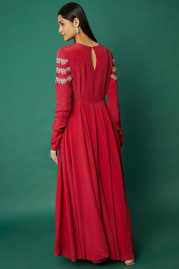 Red Crepe Embroidered Wedding Anarkali Set by Desi Vastra at Pernia's Pop Up Shop