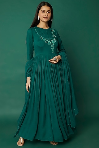 Emerald Green Crepe Embroidered Anarkali Set by Desi Vastra