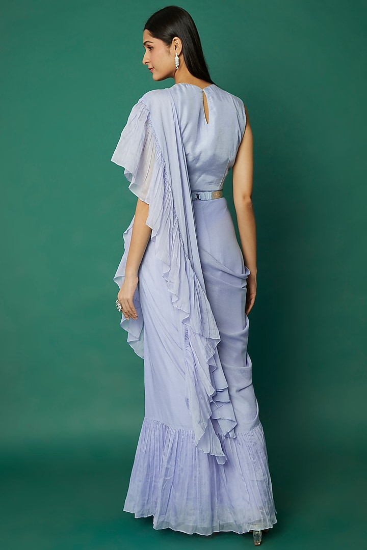 Sky Blue Embroidered Pre-Draped Wedding Saree Set by Desi Vastra at Pernia's Pop Up Shop