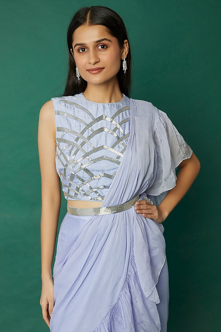 Sky Blue Embroidered Pre-Draped Wedding Saree Set by Desi Vastra at Pernia's Pop Up Shop