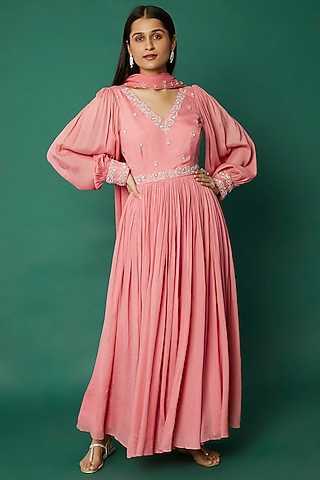 Blush Pink Crepe Embroidered Anarkali Set by Desi Vastra