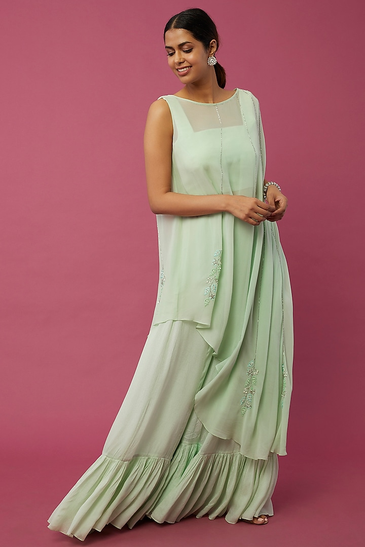 Mint Green Georgette Flared Palazzo Pant Set Design by Desi Vastra