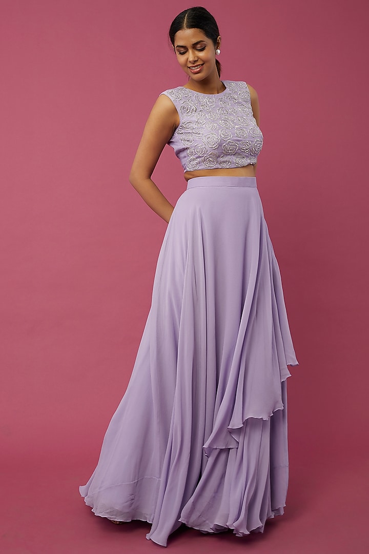 Lavender Georgette Skirt Set by Desi Vastra