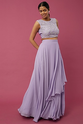 Lavender Georgette Skirt Set by Desi Vastra