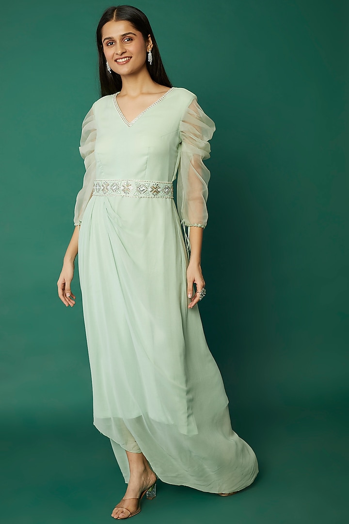 Mint Green Organza Draped Dress by Desi Vastra