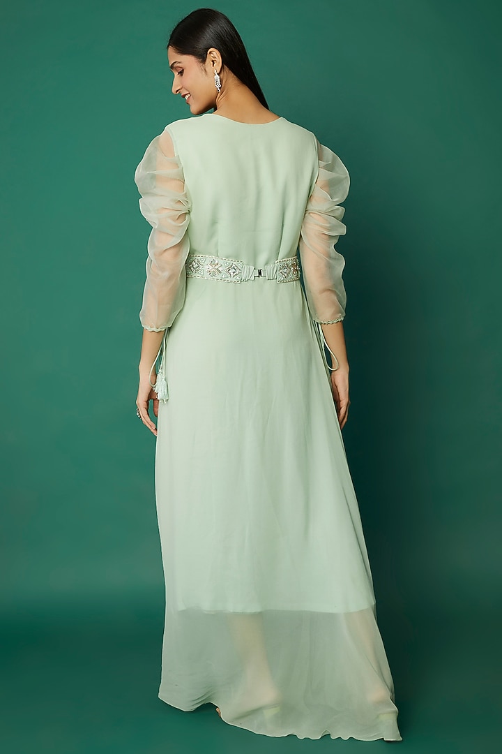 Mint Green Organza Draped Vacation Dress by Desi Vastra at Pernia's Pop Up Shop