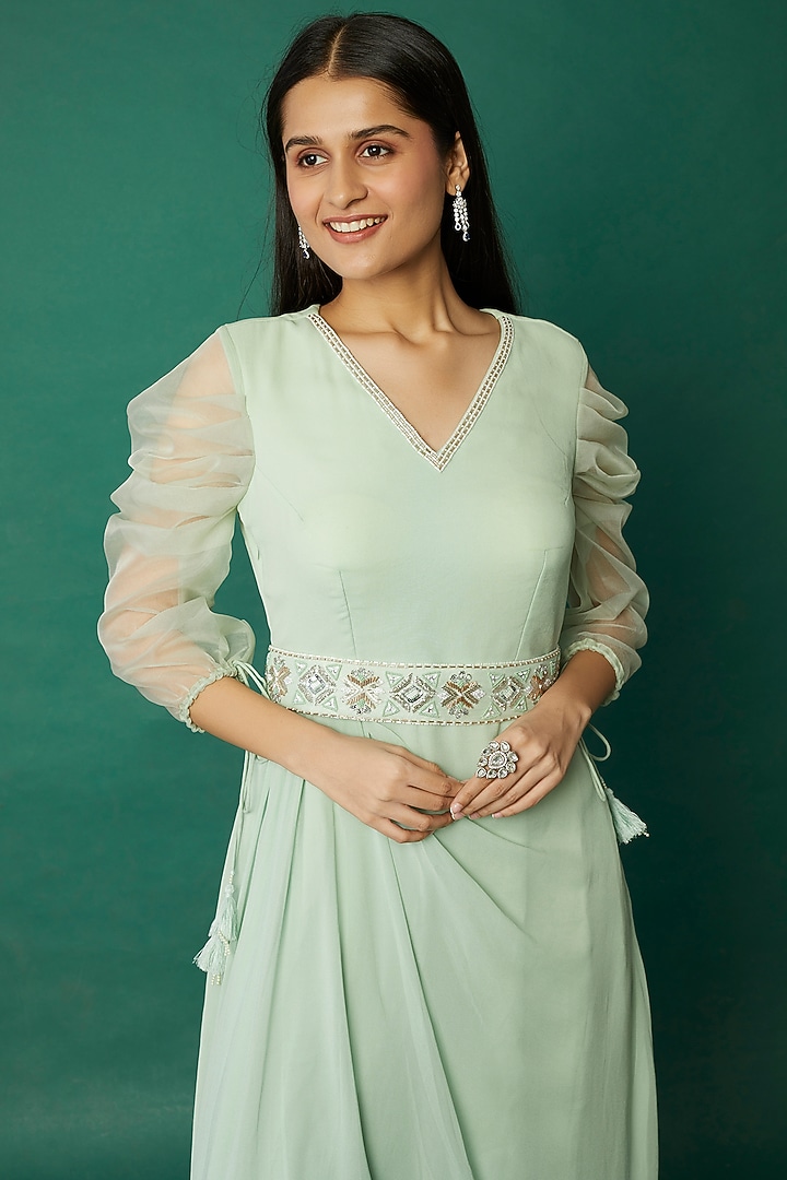 Mint Green Organza Draped Vacation Dress by Desi Vastra at Pernia's Pop Up Shop