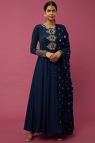 Navy Blue Crepe Embroidered Anarkali Set by Desi Vastra