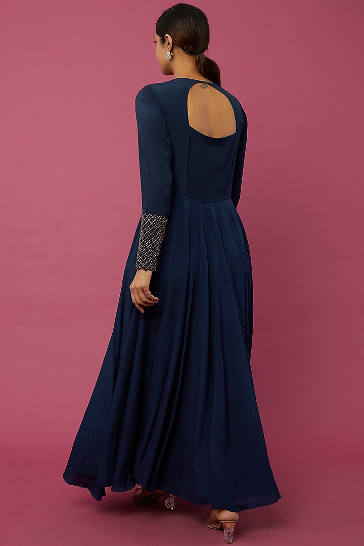 Navy Blue Crepe Embroidered Party Wear Anarkali Set by Desi Vastra at Pernia's Pop Up Shop
