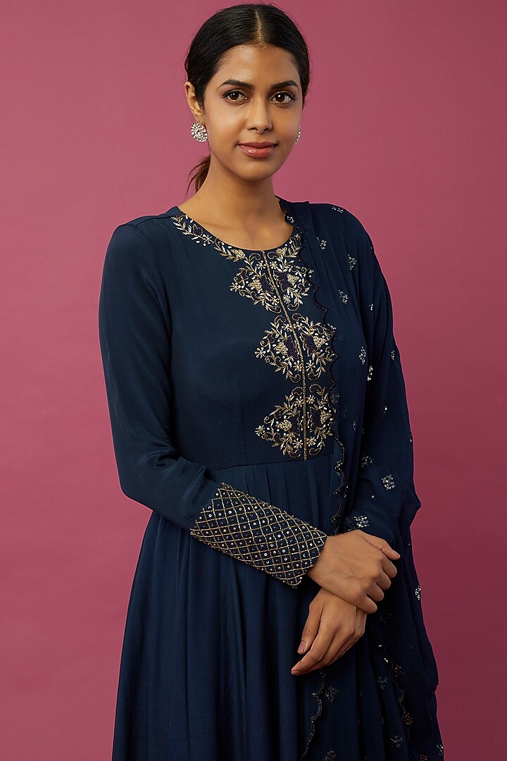 Navy Blue Crepe Embroidered Party Wear Anarkali Set by Desi Vastra at Pernia's Pop Up Shop