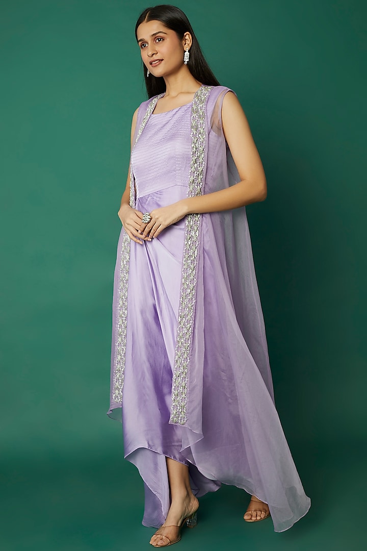 Lavender Satin Georgette Jacket Dress by Desi Vastra