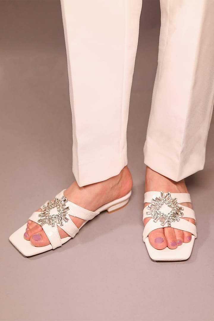 White Faux Leather Embellished Sandals by Devano